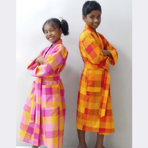 Kimono, robe de chambre à motifs madras  ROSE ou ORANGE pour enfant fille ou garçon