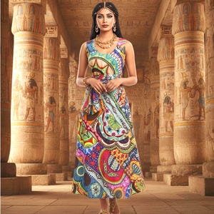 Multicolor Print Sleeveless Dress with Scarf – Cotton Boho Midi Dress – A-Line Summer Dress – Retro Ethnic Dress
