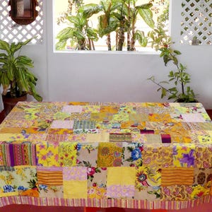 Yellow Rectangular tablecloth - multicolored patchwork cotton lined plain color - edged with a 6 cm border image 2