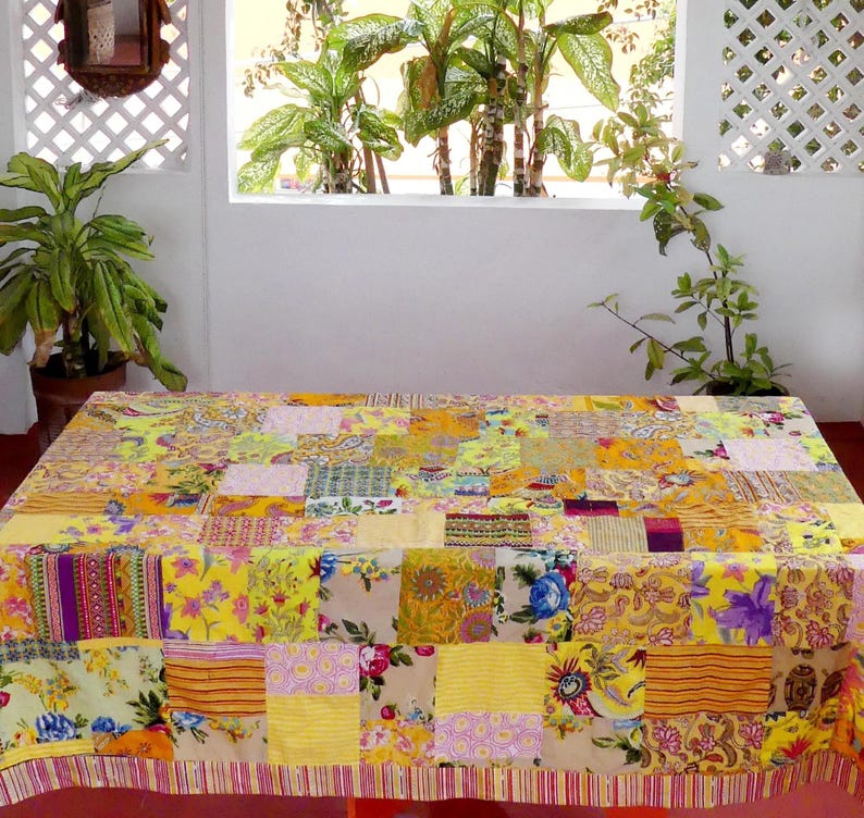 Yellow Rectangular tablecloth - multicolored patchwork cotton lined plain color - edged with a 6 cm border image 2