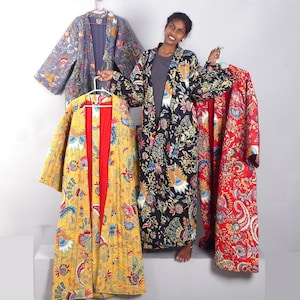 47 Printed cotton QUILTED DRESSING GOWN plain lined kimono robe padded grey robe big size dressing gown unisex image 9