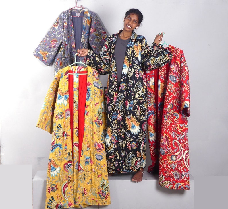 47 Printed cotton QUILTED DRESSING GOWN plain lined kimono robe padded grey robe big size dressing gown unisex image 9