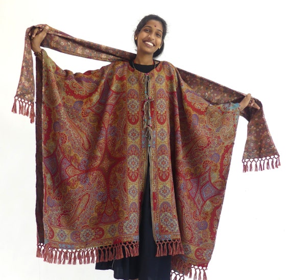 Reversible Open PONCHO COAT in Pure Red and Saffron Wool to Put on 