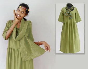 MI-LONG or mid-season summer dress with 3/4 sleeves in olive green cotton jersey with flat bodice and gathered skirt