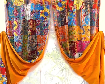 Colorful Patchwork Cotton Curtain, Boho Window Drapes, Handmade Hippie Curtain, Floral Bohemian Panel, Rustic Home Decor