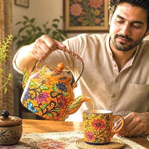 Hand Painted Aluminum Teapot Yellow | Floral Decorative Kettle | Boho Kitchen Decor | Indian Tea Pot | 2L & 2.5L Available gift for her