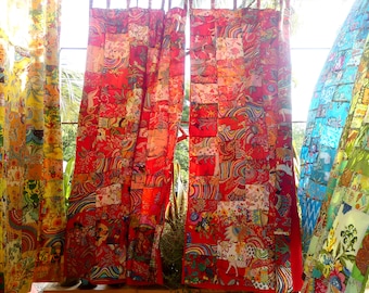 Red Patchwork Curtain Panel, Boho Cotton Curtain, Handmade Hippie Drapes, Colorful Window Curtain, Bohemian Home Decor