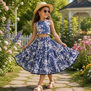 Peut inclure: Une jeune personne porte un ensemble deux pièces assorti à motifs floraux bleus et blancs. L'ensemble comprend un crop top et une jupe ample. La personne porte un chapeau de paille, des lunettes de soleil et des sandales. Le fond présente un jardin fleuri.