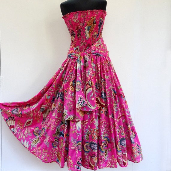 Strapless Bandeau Midi Dress 45 Panel Skirt | Pink Boho Cotton Dress | Flowy A-Line Summer Dress | Handmade Vacation Outfit Strapless Bandeau Midi Dress 45 Panel Skirt | Pink Boho Cotton Dress | Flowy A-Line Summer Dress | Handmade Vacation Outfit