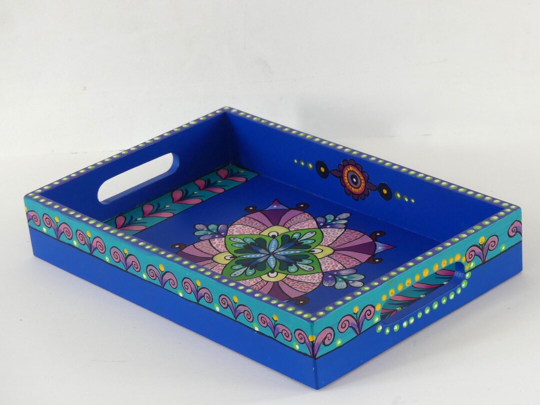 Rectangular Tray in Painted Wood Geometry Style, With Recessed