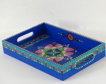 Rectangular tray in painted wood geometry style, with recessed Decorative tray Coffee Table Tray bohemian decor tray tray painted