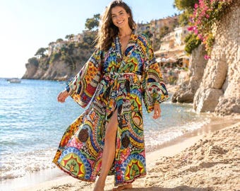 Colorful Printed Kimono Robe, Cotton Boho Kimono, Artistic Pattern Dressing Gown, Handmade Long Kimono, Statement Lounge Wear