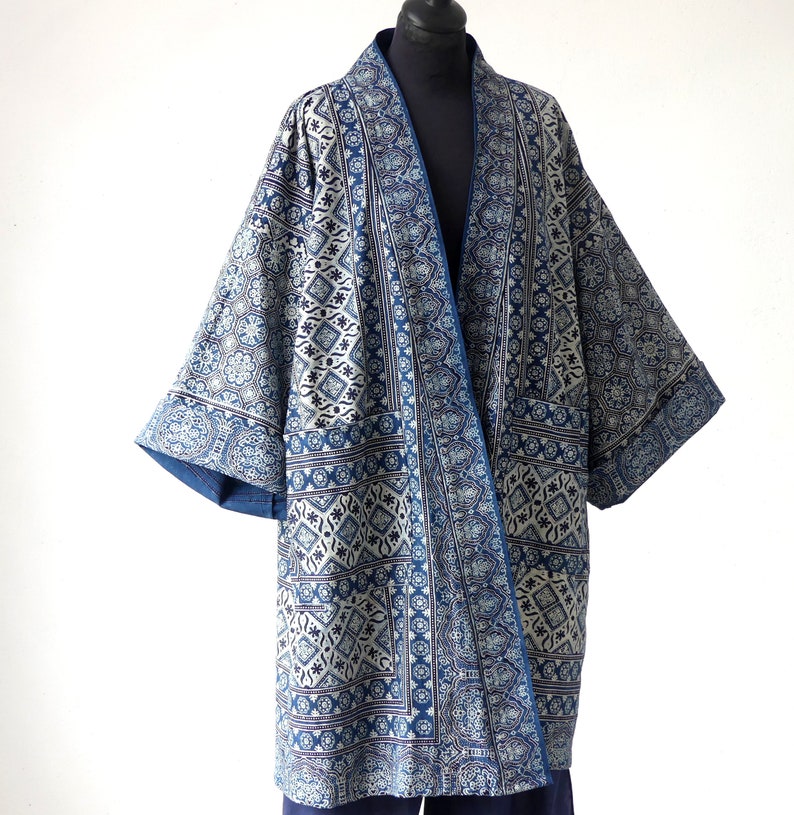 Ndigo blue kimono jacket in cotton canvas printed by hand with | Etsy