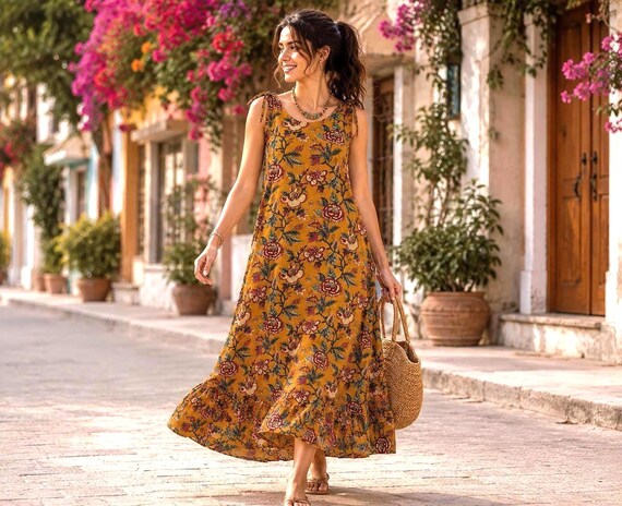 Mustard Yellow Floral Maxi Dress for Women | Boho Sleeveless Dress | Cottagecore Summer Dress | Long Beach Dress | Casual Vacation Wear
