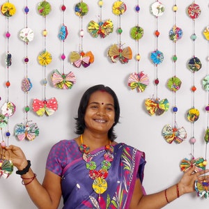 Garland Butterfly Above the door,small flower in multicolored cotton fabric,and butterfly with pompom beads. deco multicolor decoration item