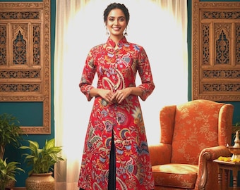 Red Paisley Cotton Kurti – Front Button A-Line Tunic – Mandarin Collar Kurta for Women – Boho Ethnic Wear – 3/4 Sleeve Printed Kurti
