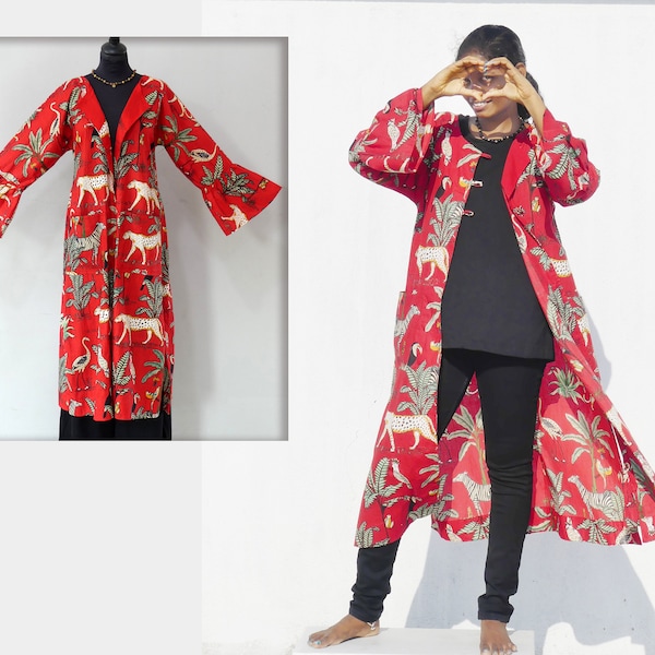 WOMEN'S COAT Large summer coat or indoor outfit in red cotton animal print kimono robe