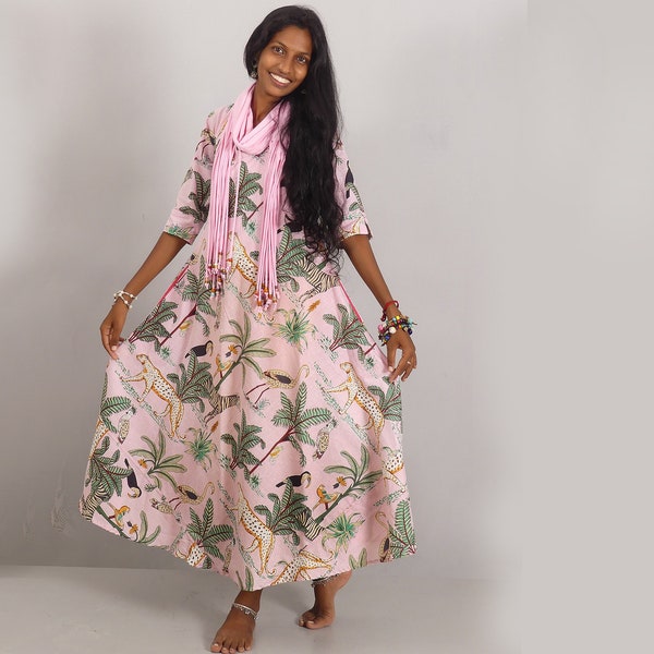 ROBE LONGUE Robe d'été longue  manches trois quart en coton imprimé fleuri coupe évasée avec foulard assorti,pink