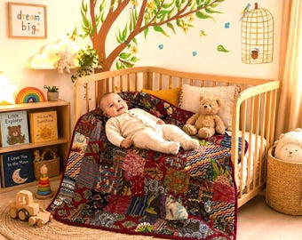 Boho Patchwork Baby Blanket 110x110 cm | Handmade Cotton Quilt | Vintage Style Baby Throw | Soft Nursery Blanket | Unique Kids Bedding