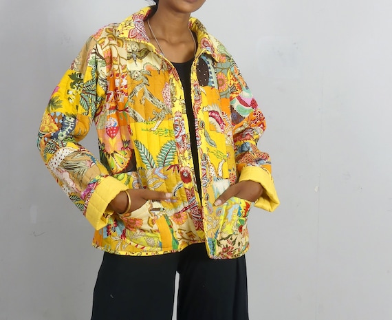 VESTE COURTE molletonnee Veste femme en patchwork de coton jaune et MULTICOLORE Veste doublee boutonnee sur le devant Veste mi saison femme Etsy Canada