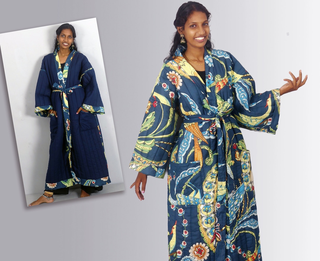 Printed Cotton Quilted Dressing Gown Plain Lined Kimono Etsy