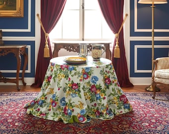 Shalimar whiteprinted cotton round tablecloth for 6 people with flower patterns lined with matching plain cotton