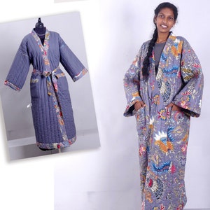 47 Printed cotton QUILTED DRESSING GOWN plain lined kimono robe padded grey robe big size dressing gown unisex image 1