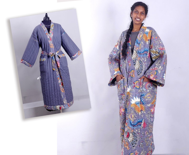 47 Printed cotton QUILTED DRESSING GOWN plain lined kimono robe padded grey robe big size dressing gown unisex image 1