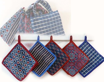 Multicolored and unique square potholders in recycled cotton and machine quilted indigo collection