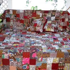 Bedspread, plaid, brown, multicolored cotton patchwork wall hanging with 2 assorted cushion covers,