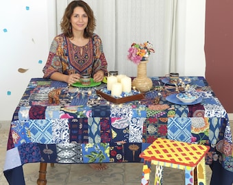 Blue Patchwork Cotton Tablecloth Set 145x200 cm | Reversible Table Cover with 6 Napkins | Handmade Dining Table Linen | Boho Decor