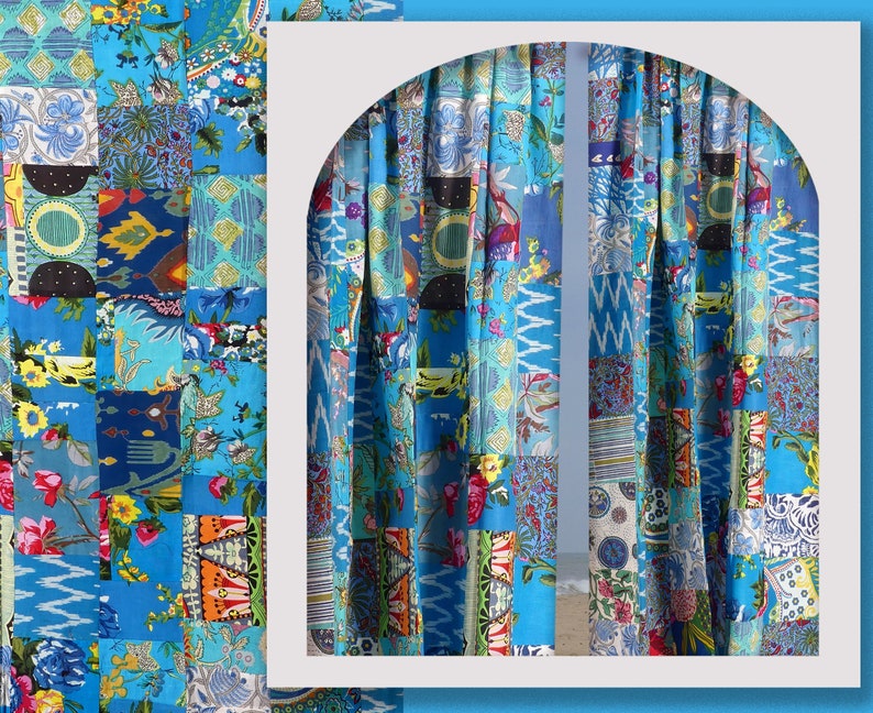 RIDEAU PATCHWORK multicolore réalisé sur mesure en coton doublure unie assortie au patchwork pour baie vitrée, porte, grande fenêtre,multi image 4