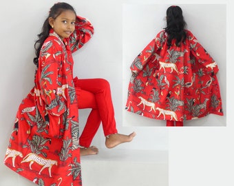 Vestaglia kimono per bambini in cotone stampato con motivi di animali della giungla, veste kimono, rossa