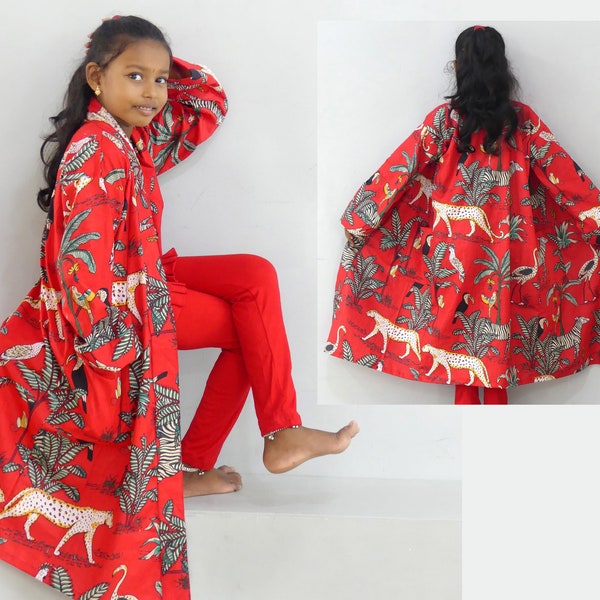 Robe de chambre kimono pour enfant  en coton imprimé motifs animaux dans la jungle  kimono robe,red