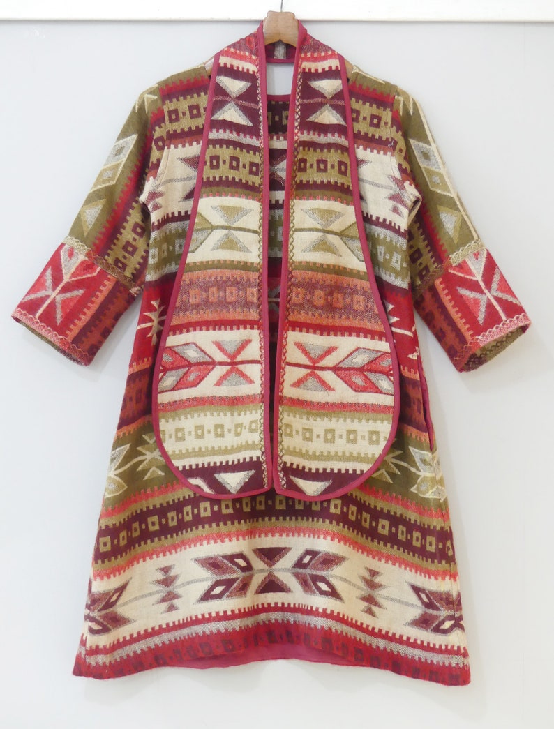 Reversible sweater tunic dress with red and beige ethnic design with matching scarf