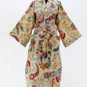 Ecru and multicolored beige dressing gown kimono with paisley designs for men or women all sizes possible