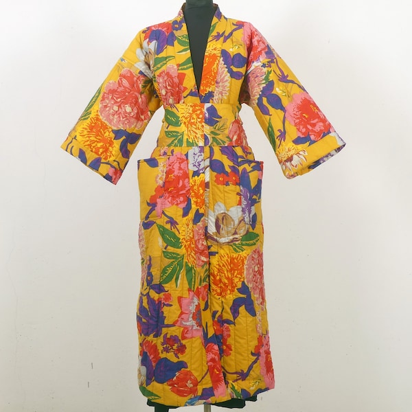 Yellow quilted dressing gown in printed cotton with large flowers plain lined kimono dressing gown large size unisex