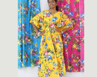 Women’s Floral Cotton Kaftan Dress | Boho Maxi Lounge Dress | Loose Fit Summer Dress | Pink Yellow Caftan | Handmade Ethnic Outfit