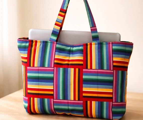 Rainbow Stripe Caba Bag, Cotton Canvas Shopper Bag, Large Multicolor Shoulder Bag, Boho Everyday Carry