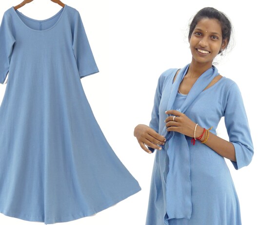 ROBE MI LONGUE en jersey de coton bleu uni a manches 3 4 haut ajuste et forme evasee dans le bas grey Etsy Canada