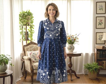 Blue White Floral Maxi Dress with Front Buttons – Cotton Boho Dress – 3/4 Sleeve Summer Dress – Casual Ethnic Dress