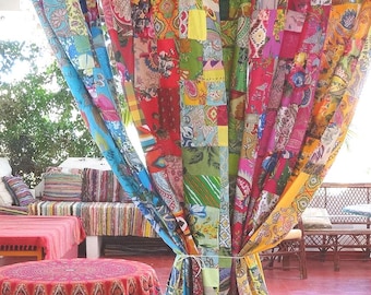 Patchwork Cotton Curtain Set, Boho Window Panels, Handmade Hippie Drapes, Colorful Bohemian Curtain, Rustic Home Decor Gift For Him