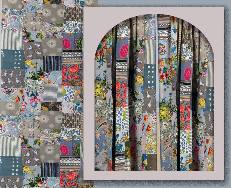 RIDEAU PATCHWORK multicolore réalisé sur mesure en coton doublure unie assortie au patchwork pour baie vitrée, porte, grande fenêtre,multi image 6