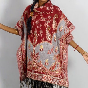 SHALL PONCHO wool ethnic PAISLEY design large size for woman and man grey orange