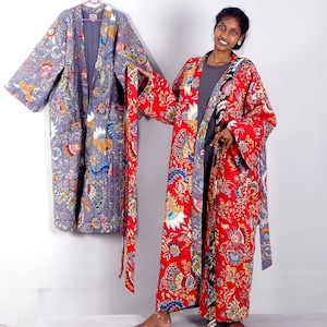 Printed cotton QUILTED DRESSING GOWN plain lined kimono robe padded red robe big size dressing gown unisex