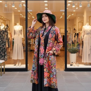 Multicolor Floral Cotton Canvas Coat, Handmade Button Coat, Matching Plain Lining, Boho Long Coat, Women's Statement Outerwear