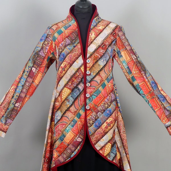 Red and multi-colored frock coat jacket with embroidery design in cotton canvas lined with plain burgundy light cotton