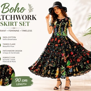 Black Patchwork Cotton Skirt Set with Top, Boho Tiered Midi Skirt Co-Ord Set, Floral Ethnic Outfit, Handmade Summer Dress Set for Women