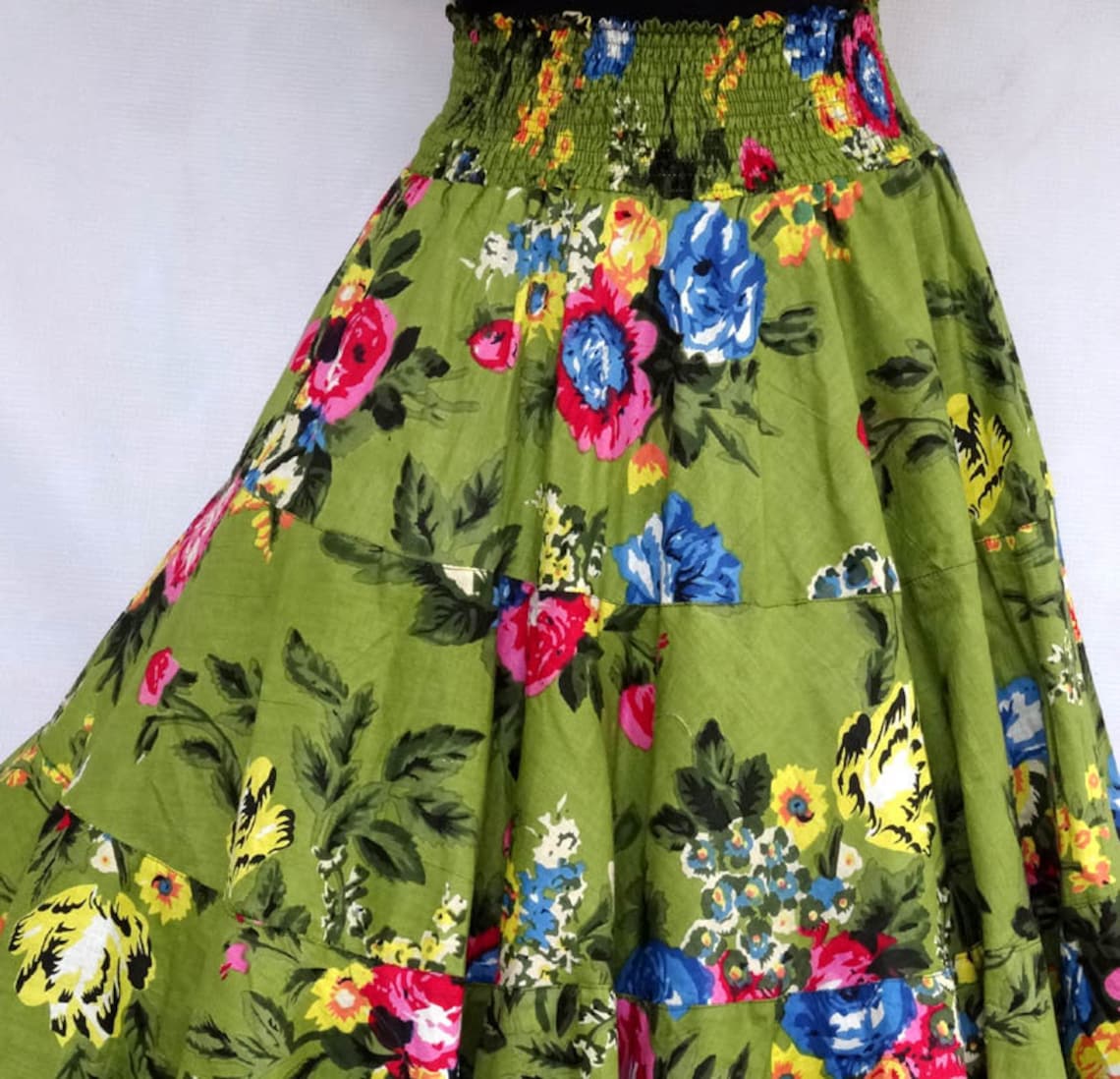 Long green flowered skirt in ruffles gathered in 3 level | Etsy