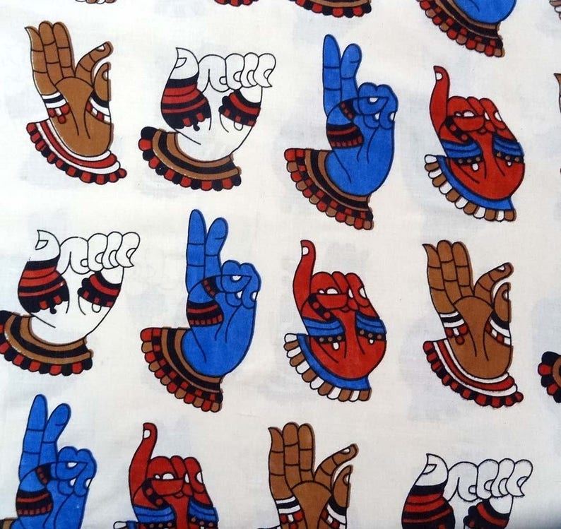 Tote bag in white or black cotton printed with 4 mudras from BARATA NATYAM.